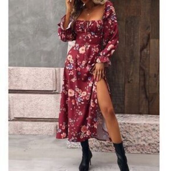 Dresses & Skirts - Boho Floral Print Puff Sleeve Split Thigh Cottagecore Dress
